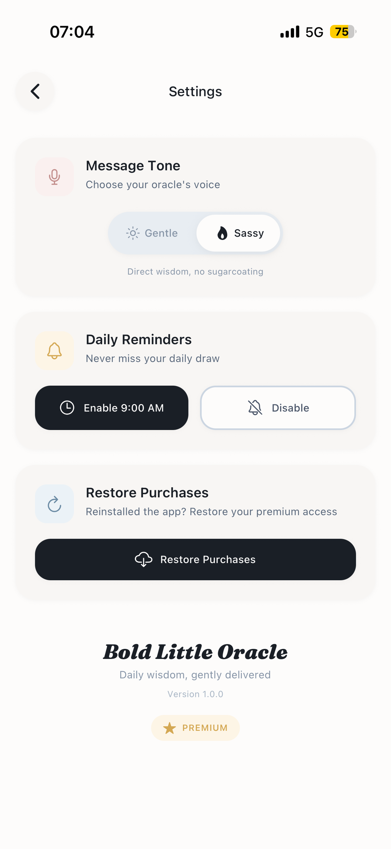 Settings screen — simple and private